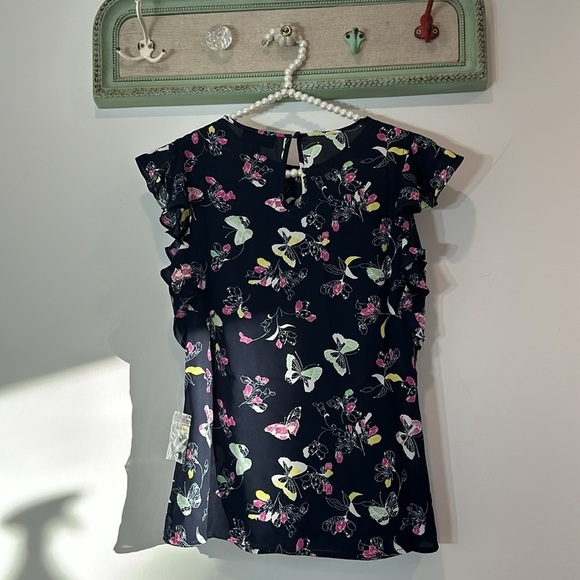 ModCloth ruffle short sleevebutterfly floral top size xxs women’s navy top new - Picture 6 of 9